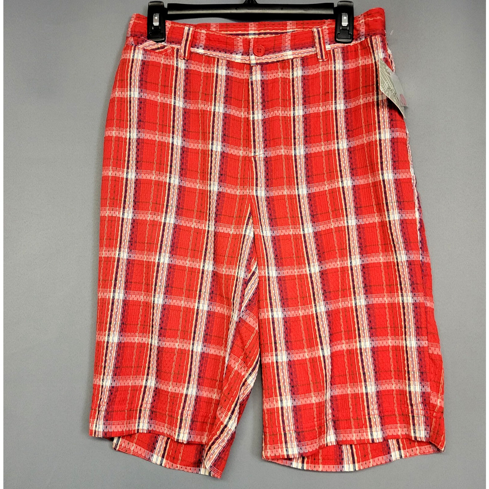 IB Diffusion Plaid Bermuda‎ Shorts Womens 6 Red Crinkle Pockets 12" Inseam New